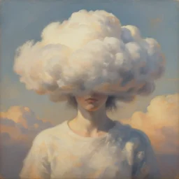 surreal abstract art painting of a person made of puffy clouds, warm lighting, realistic, detailed