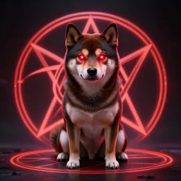Demonic Shiba Inu with glowing red eyes sitting in the center of a pentagram, 8k UHD, high detail, High quality, stunning lighting, beautiful lighting,