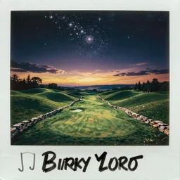birds eye view of a perfect elysian dreamlike green hilly pastoral psychedelic golf course landscape with stone walls under cosmic stars, memory trapped in eternal time, golden hour, dark sky, evening starlight, stone walls, haunted vintage psychedelic polaroid by hiroshi yoshida