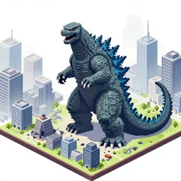 a city getting destroyed by Godzilla, pixel art, isometric