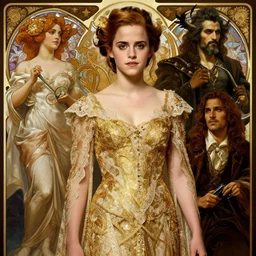 emma watson, fantasy, large intricate gold lace clothing, elegant, highly detailed, digital painting, matte, sharp focus, art by artgerm, greg rutkowski, alphonse mucha, frank frzetta, boris vallejo, bouguereau, cinematic