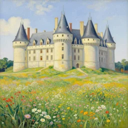 a beautiful painting of a large walking castle in a field of flowers by moebius