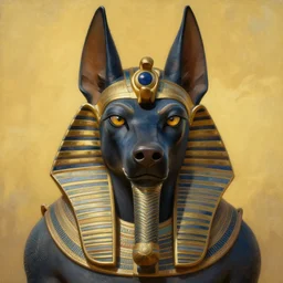 breathtaking soft painting of angry anubis with a third eye in her forehead with an intricate retrofuturistic helmet in a golden sky, realistic symmetrical face features, rembrandt style, elegant, highly detailed, artstation, concept art, matte, sharp focus, art by tom bagshaw, and greg rutkowski