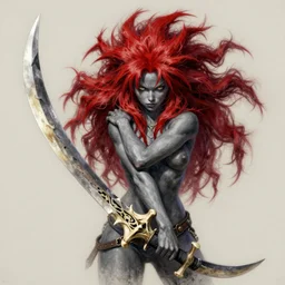 realistic art style, saiyan girl, wild spiky red hair, long spiky hair, electrified hair, holding scimitar made of bone, scimitar, sword, jagged sword, curved sword, orkish sword, colorized, gray skin, hyper - detailed, primeval fantasy, prehistoric fantasy, drawn by frank frazetta