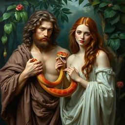 an amazing realistic painting of adam and eve with clothes holding a beautiful snake in the beautiful garden of eden, painting by roberto ferri, amazing detail, beautiful art, smooth, elegant, intricate, vibrant, colorful, realistic faces