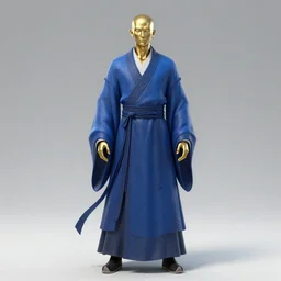 full body portrait of a male daoshi with metallic skin wearing a blue daopao by wlop, wuxia, xianxia, daoshi, taoist priest, taoist master, gold metallic skin, blue daopao, blue taoist robe, realistic, anatomically accurate, fantasy illustration, artstation, wlop, 4 k.