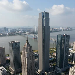 skyscrapers with straight features, big river with a huge bridge over, atmospheric clouds, daylight, artstation, unreal engine 5, hyperdetailed, aerial view, 2 4 mm lens