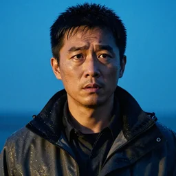 a close up photographic portrait of a rugged asian actor wearing wet weather gear looking worried taken by annie leibowitz. cinematic lighting, blue background colour, 5 0 mm, subsurface scatter.