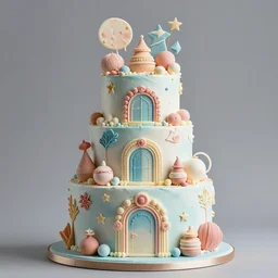 a high-quality photograph of a beautiful and magical cake, made in a never-before-seen style, many detailed designs.