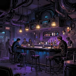 detailed ultra - realistic graphic novel illustration of shadowrun cyberpunk postapocalyptic desolate industrial bar inspired by famous sci - fi illustrators, violet, black, blue vibrant colors
