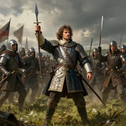 robert the bruce leading scottish troops at bannockburn to fight the english, 4 k, concept art, by wlop, ilya kuvshinov, artgerm, krenz cushart, greg rutkowski, pixiv. cinematic dramatic atmosphere, sharp focus, volumetric lighting, cinematic lighting, studio quality
