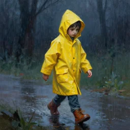 A kid wearing a yellow raincoat walking in the rain, oil on canvas by Frank Frazetta, digital art, WLOP, CGSociety, artstation, Mandy Jurgens, eerie, vibrant