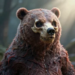 a mutated bear monster, skull protruding from face, drool dripping down jaw, warped flesh, dreamlike, horror, intricate detail, 3d render, octane render, god rays, depth of field, trending on artstation, 4k, hd