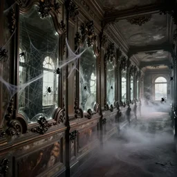 a long hallway of mirrors. victorian interior, with many mirrors, spiders and spiderwebs everywhere, elegant design, haunting atmosphere, dark lighting, gothic, horror style, scary, swirling fog, volumetric lighting, by greg rutkowski, dutch angle,