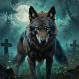 frazetta close up of werewolf realistic full body backlight panoramic portrait textured oil painting jungle cyan graveyard foggy background with  dramatic sky clouds and giant oversized moon and storm