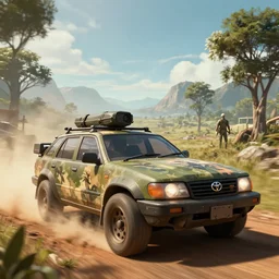 a militarised car designed by toyota driving through madagascar, artgerm and wolp, an epic fantasy, volumetric light, detailed, an epic fantasy, trending on art station, octane render, shadow of the tomb rider
