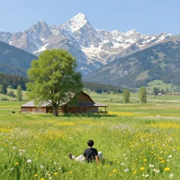 relaxing beautiful landscape, open field in spring, wildflowers, incredible landscape views, colossal mountains in background, giant standing to next to barn which makes a human look extremely small by pennington sibylla merian james gurney norman rockwell martin ansin rocha shinkawa gurney inspirational art life like