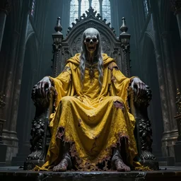a tall pale humanoid being sitting upon an ornate stone throne, 4K, digital art, horror, dramatic, wearing a long yellow rotting garment, dark, hyperrealistic, perspective, complex (((dark))) cathedral background with volumetric lights coming in through cathedral windows, dark background, highlights,