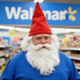 photograph of a portly man with a big pointy red hat, a big white beard, and a blue shirt, at walmart