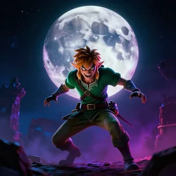 majora\'s mask evil moon looking at the viewer maniacally, legend of zelda, dramatic lighting, cinematic, film, dynamic pose,  movie scene, colorful, dark art, concept art, 8K, actor as role, octane render, visionary art, artstation,neon lighting, intense shadows