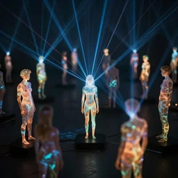 tilt shift, sculptures, lasers, glowing people, skin, hair, ultra detailed