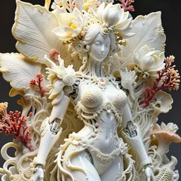 intricate hyper detailed ultra sharp focus 3 d render of a beautiful porcelain alabaster seductive woman medium shot portrait, close - up, bright light, alexandre ferra georg loschner white mecha, cyberpunk mechanical haute couture huge fractal mycelum and fungi, red corals, huge magnolia goliath head ornaments, big embroidered leaves filigree sinuous roots, octane render, volumetric cinematic lighting, 8 k, yellow, vray tracing