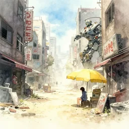 incredible movie poster, simple watercolor, soft bloom lighting, abandoned city, paper texture, movie scene, distant shot of hoody girl side view sitting under a yellow parasol in deserted dusty shinjuku junk town, old pawn shop, bright ground, hawken, phantom crash, robot monster