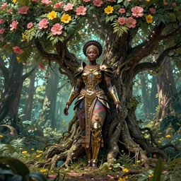 illustration neo - victorian cinematic super expressive! yoruba goddess with exoskeleton armor, merging with tree in a forest, pink yellow flowers, highly detailed digital art masterpiece, smooth etienne sandorfi eric zener dramatic pearlescent soft teal light, ground angle hd 8 k, sharp focus