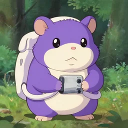 a purple astronaut hamster in the style of studio gibli