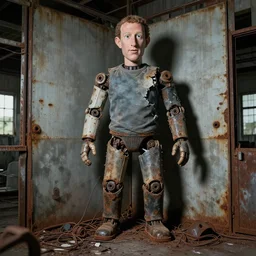 a broken, very deteriorated mark zuckerberg animatronic in the corner of an abandoned warehouse, flash photography, rust, corrosion, mechanical parts, wires, creepy, 8 k, high quality