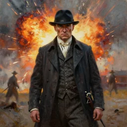 oil - painting of the peaky blinders with an explosion in the background