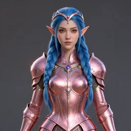 portrait of a regal elf with long blue braided hair wearing a rose gold breastplate and circlet, 3 d render by mandy jurgens, artgerm, and lu ji, centered, artsation contest winner, cgsociety, fantasy art, cryengine, concept art, photorealism, daz 3 d, sketchfab, zbrush, vray