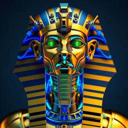 awardwinning photo of a gold and blue metallic shiny humanoid steampunk sphinx, face tattoo is green glowing digital circuits, wearing a glowing blue and golden metallic maya sparkling diadem with blue cables and shiny metallic gears, 3 d render, crisp, 8 k, fluorescent colors, nikon photography
