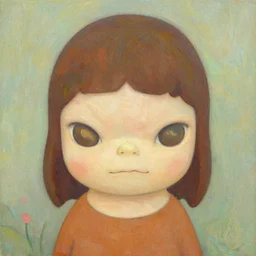 painterly soft brush, shy modest pleasing palette, textured, detailed, flawless, perfect, mural - sized chibi character design key visual symmetrical headshot portrait by yoshitomo nara ( 2 0 1 2 ), close - up, idyllic textured particulate sparkling atmospheric adorable garden matte painting detailed pastel from fantasia ( 1 9 4 1 )