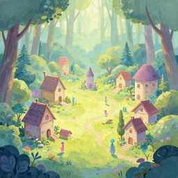 alien faerie village in the woods. gouache by award - winning concept artist. backlightling, isometric graphics, pastel palette.