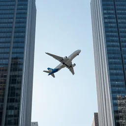 award winning photo of an airliner flying between two skyscrapers, new york city, 5 0 mm
