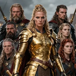 Portrait of a majestic fierce viking woman, highly detailed, gold plated armor, cinematic, 8k, 1080s, by Stanley Artgermm, Tom Bagshaw, Greg Rutkowski, Vincent di Fate, Carne Griffiths, Ayami Kojima, trending on DeviantArt, hyper detailed, full of color, digital art,