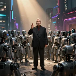 robot revolutionary speaking to a crowd of robots amid the backdrop of a cyberpunk city in the socialist realist style of lenin speaking to the red army by isaac brodsky