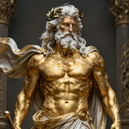 portrait of rugged zeus with smeared gold body paint, laurels greek god [ white hair ] muscular masculine manly mature rugged powerful handsome flowing robe fantasy intricate elegant detailed digital painting concept art artstation sharp focus illustration art by greg rutkowski ruan jia