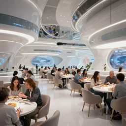 futuristic meta augmented reality restaurant interior full of persons by syd mead, george tooker - w 1 0 2 4