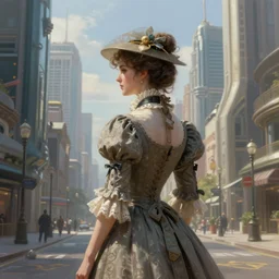 portrait of a victorian lady in a futuristic city, from behind, streets, beautiful, fully open sky, skyscrapers on sides, highly detailed, digital painting