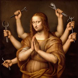 illustration of a young man with six arms and 1 2 hands, da vinci, holding tools