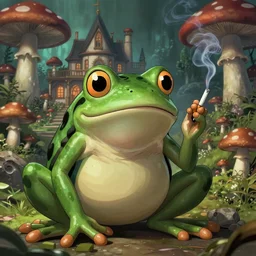 A portrait of a scary godlike anthropomorphic frog smoking a cigarette , mansion made of mushrooms in background . award winning. superb resolution. in the art style of junji Ito and greg rutkowski . Detailed Mushroom city in background. Hyper realistic anime. Perfect art. Dalle2
