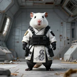 rodent with white and black ancestral ornate japanese tactical gear on an abandoned spaceship, long shot, rule of thirds, golden ratio, graphic novel by fiona staples and dustin nguyen, art by beaststars and orange, peter elson, alan bean, studio ghibli, makoto shinkai