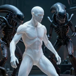 engineer from the movie prometheus, translucent white skin fighting against a xenomorph