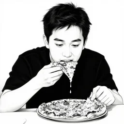 drawing of a man eating pizza by huskmitnavn, black and white