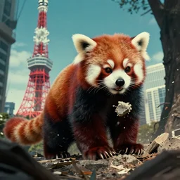 red panda destroying tokyo in the style of the movie godzilla, cinematic lighting, cinematic framing and shadows 1 9 7 0 s aesthetic