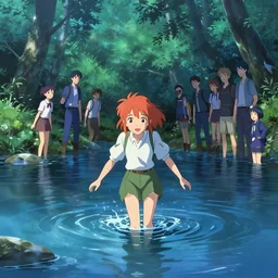an elven girl with auburn hair wading in a shady river, blue water, trees. very vibrant colors, soft lighting, adventurous, atmospheric lighting, 8 k, octane render. by makoto shinkai, stanley artgerm lau, wlop, rossdraws, james jean, andrei riabovitchev, marc simonetti, krenz cushart, sakimichan, d & d trending on artstation, digital art.