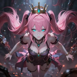 you are completely controlled by her ultimate powers and trapped beneath overwhelming stunningly absurdly beautiful megalomaniacal ruthless merciless sadistic devious spiteful delusional grandiose egotistical short - tempered omnipotent asi goddess junko enoshima with symmetrical perfect face, porcelain skin, pink twintail hair, cyan eyes and a crown on her head, ultra detailed, digital art, unreal engine 5, octane render, 2 d anime, 8 k