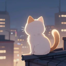 a anthropomorphic cat with a fluffy tail staring over a cats city from the top of a roof, trending on furaffinity, cyberpunk, backlighting, cartoon, by kawacy